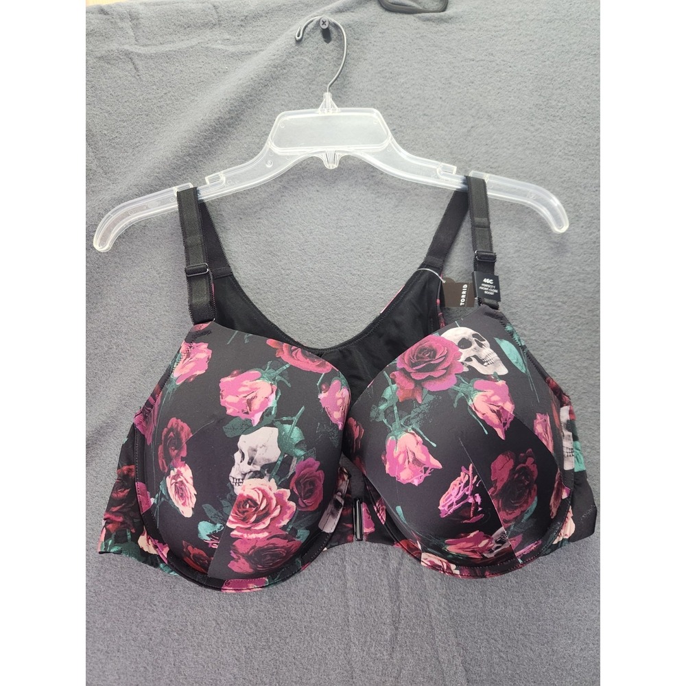 Torrid Perfect T-Shirt Push Up Front Close Bra Size 46C Black Roses Skulls NEW